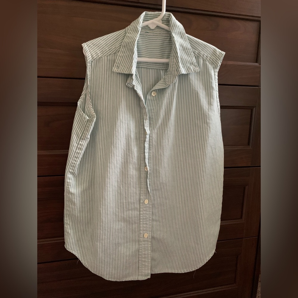 xs/s - pastel green and white stripe button down sleeveless blouse/shirt